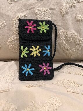 Black Woven Crossbody Bag with Colorful Daisy Embroidery